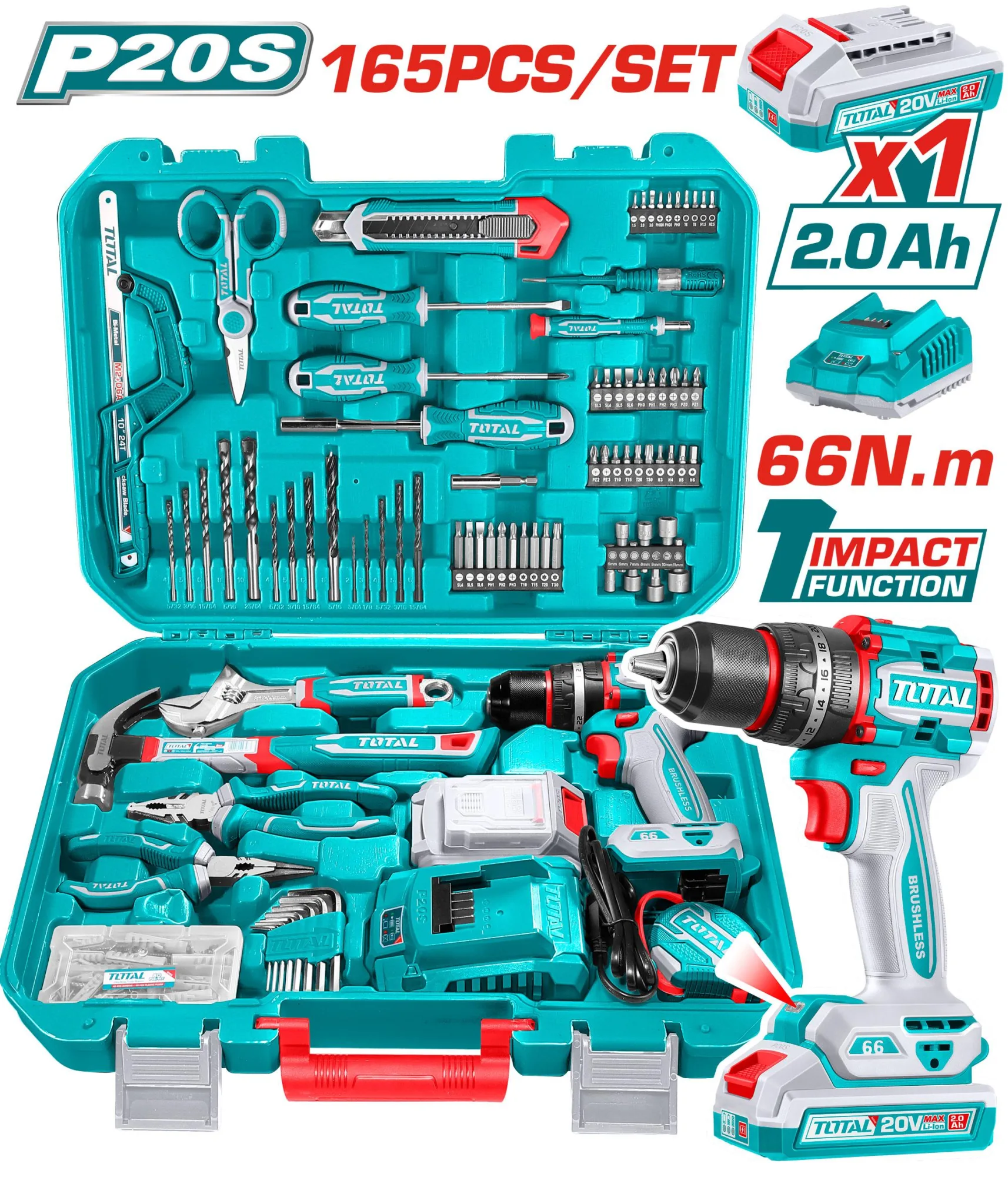 THKTHP11652 165 Pcs 20V Cordless Impact Drill Tool Set